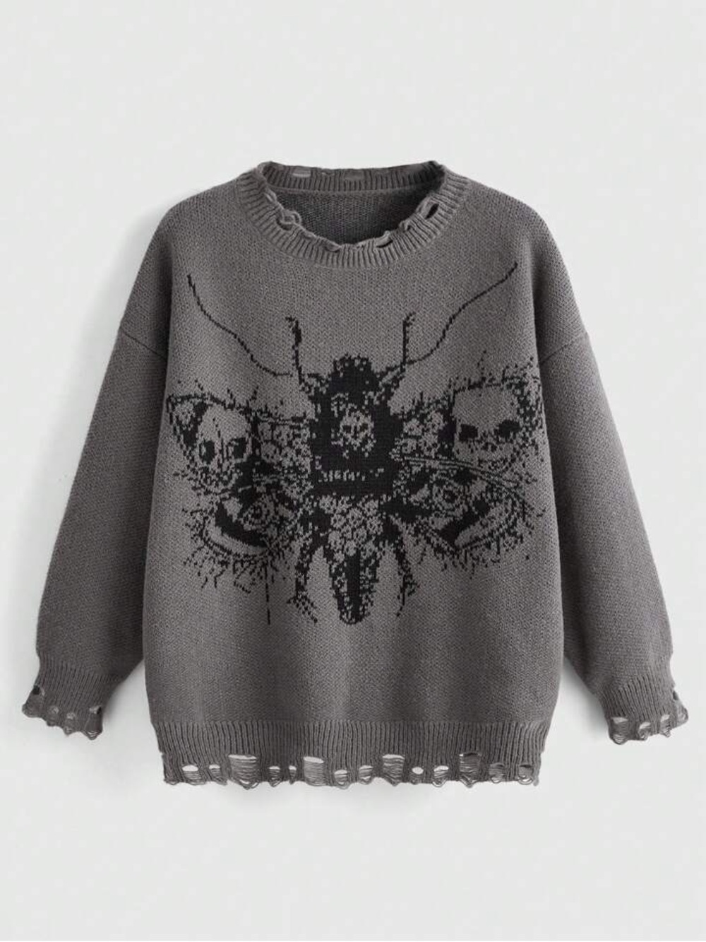 Deaths Head Moth gray and black destroyed hem goth sweater size large like new